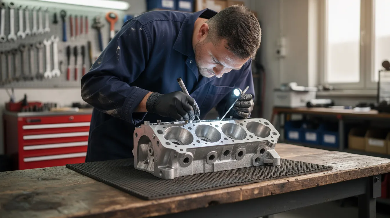 A mechanic is carefully inspecting an aluminum engine cylinder head on a workbench, focusing on its fine details to ensure quality and performance. The cylinder head, often used in Volvo cars, is an essential component that affects the motor's efficiency and overall condition.