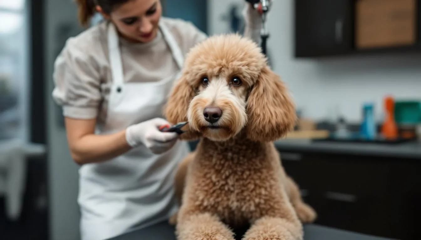 A professional groomer is carefully working on a standard poodle