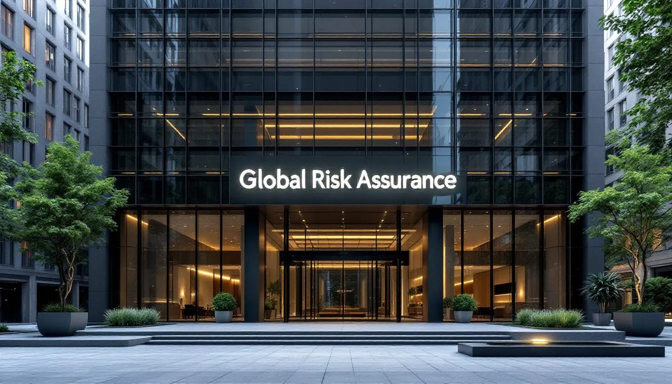 The image depicts the exterior of a professional insurance company building, showcasing a modern architectural design with large glass windows and a prominent entrance. This structure represents a hub for financial future planning, offering products such as fixed annuities and retirement savings options to provide guaranteed income for clients.