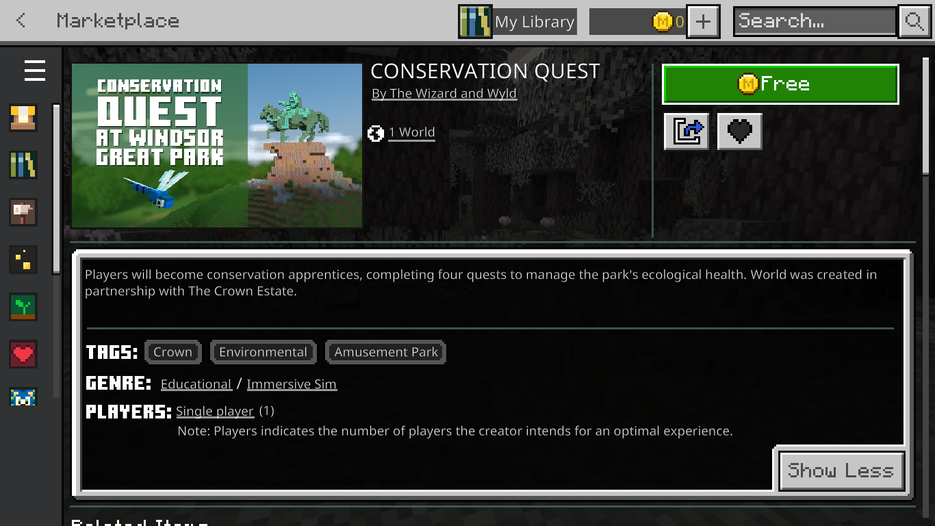 The Minecraft Marketplace product page of Conservation Quest.