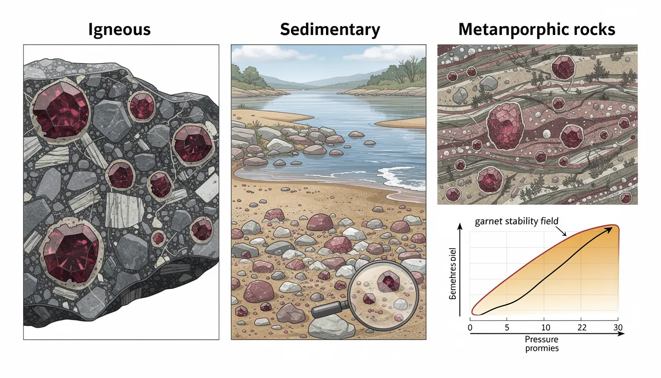 The image depicts a collection of various garnet crystals showcasing their diverse colors and forms, including red garnet and green garnet varieties. These gemstones, found in igneous, sedimentary, and metamorphic rocks, illustrate the unique crystal structure and chemical composition that define different garnet species.