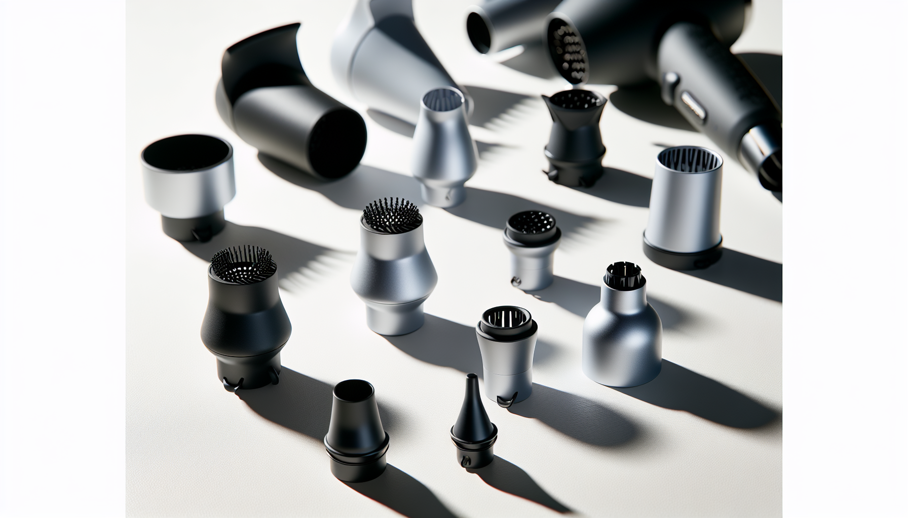 Assortment of hair dryer attachments including concentrator nozzles and diffusers