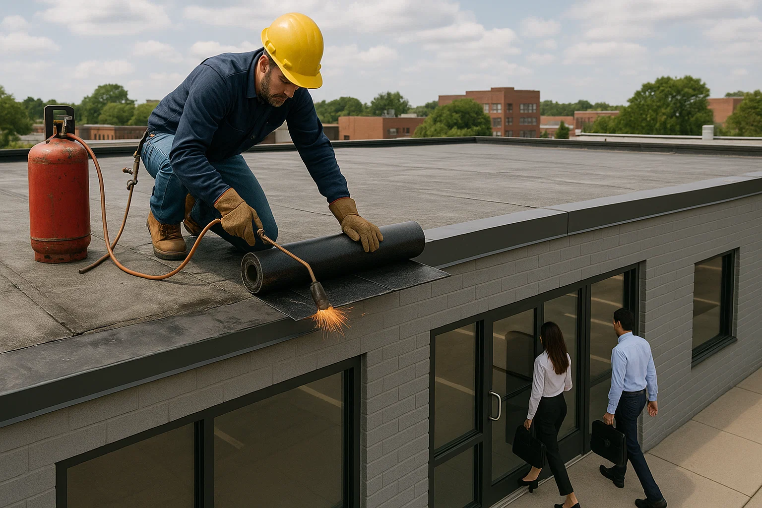Roofer carrying out flat roof repairs while business remains open.