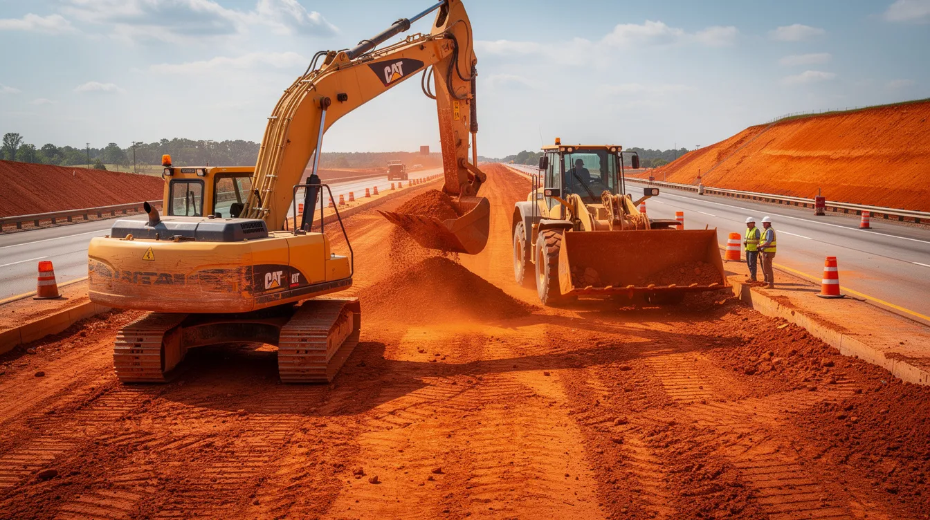An excavator and a loader are actively working on a highway project, surrounded by the distinctive orange Tennessee clay, highlighting the importance of worker safety and efficient asset management on construction sites. The scene emphasizes the critical role of heavy equipment in optimizing operations and ensuring compliance with safety protocols.