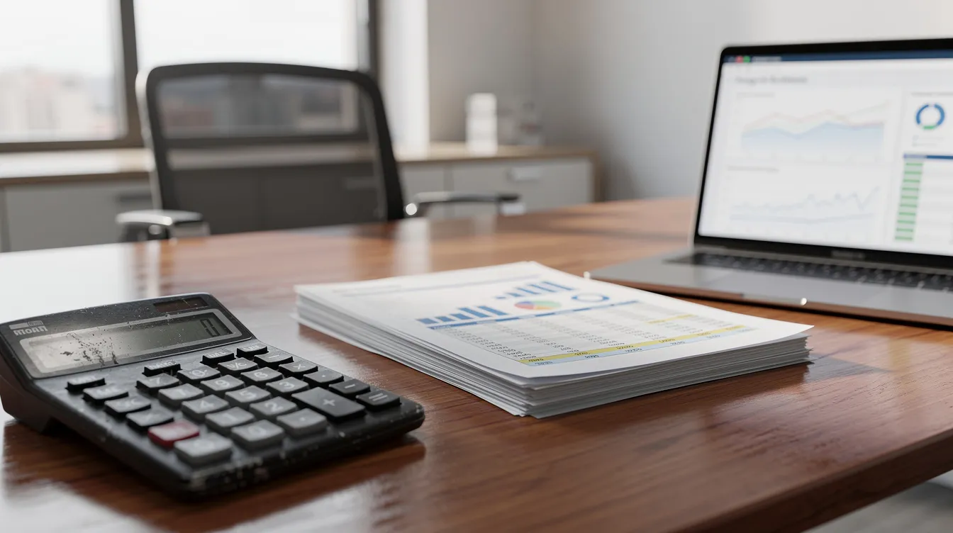 5338dfc8 3caf 4d9c 93a6 dfacd6d04f60 The image shows a calculator, financial documents, and a laptop placed on a wooden desk in a professional office environment, suggesting a focus on financial analysis and planning, possibly related to cancer care and oncology centers. This setup may be used for evaluating patient outcomes, operating costs, and investment opportunities in the medical oncology field.