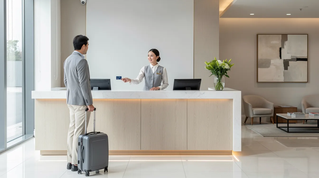 5338f31e 7d26 426f bf33 1ae641cf8ccd The image depicts a modern hotel front desk where a friendly receptionist is assisting a guest in a clean and stylish lobby, showcasing the hospitality sector's focus on service and guest experience. The contemporary design and organized space reflect the attention to detail often found in successful hotel projects.