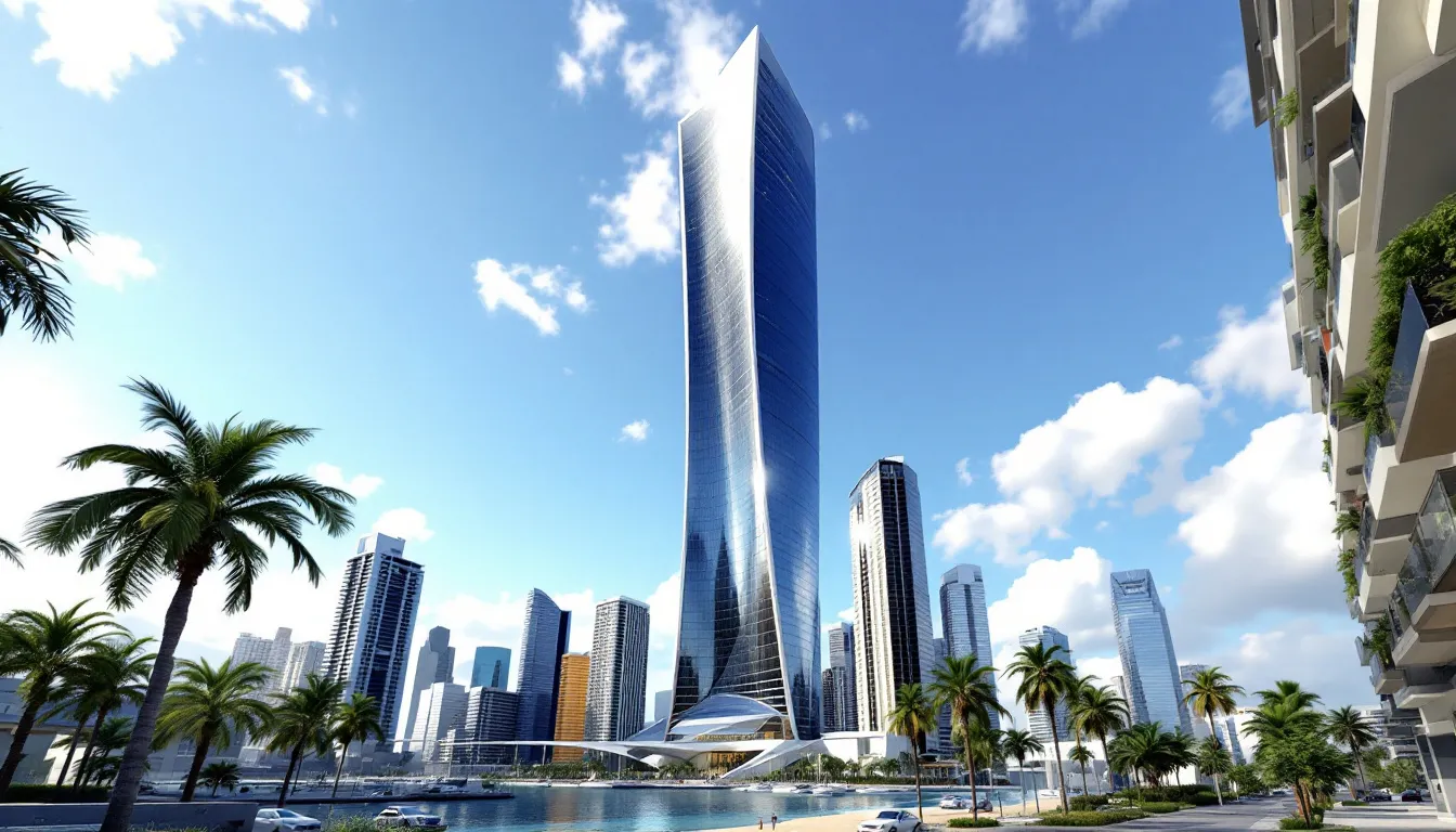 A imagem mostra uma renderização da futura Senna Tower, que se destacará no skyline de Balneário Camboriú, cercada por outros arranha-céus da cidade. Este edifício, um dos prédios mais altos do Brasil, promete oferecer unidades residenciais e serviços de luxo, refletindo a arquitetura moderna da região.