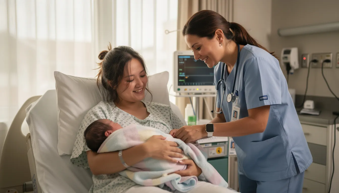 The image depicts a mother holding her newborn baby while speaking with a healthcare provider in a medical setting. This scene emphasizes the importance of health insurance coverage for new families, highlighting the need to update insurance policies and prepare for medical expenses as their growing family welcomes the new baby.