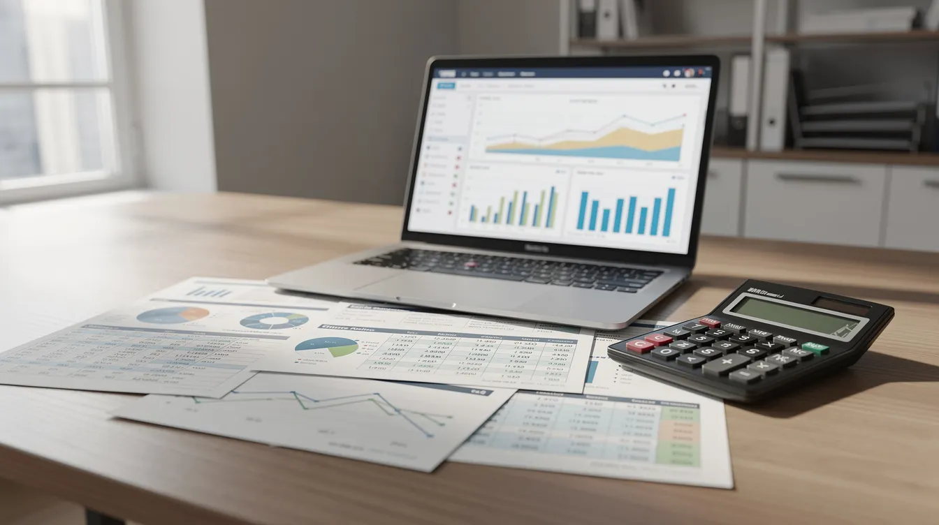 533a73fe 178d 4962 b3ca 93d20c62ceb8 The image features financial documents, a calculator, and a laptop neatly arranged on an office desk, suggesting a focus on financial planning or analysis related to a dairy farm project report. This setup may be used for preparing cash flow statements or loan applications for dairy processing ventures.