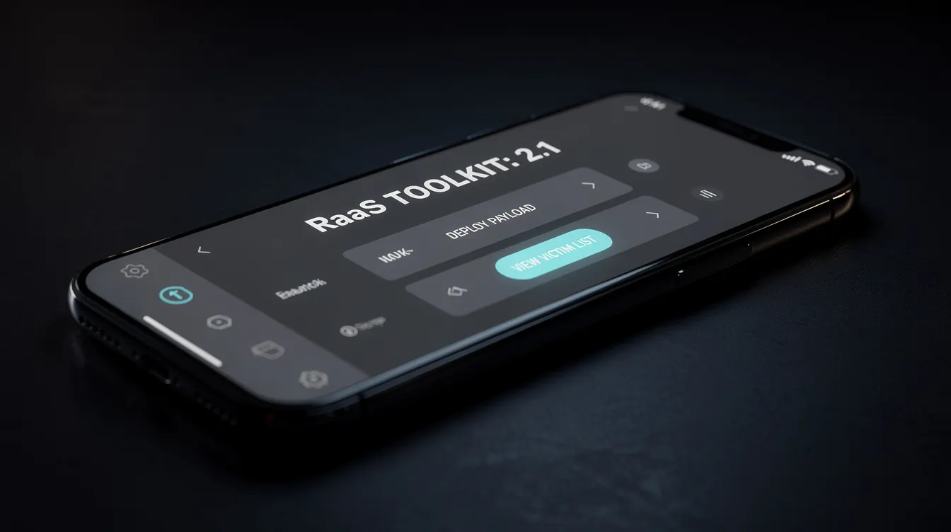 A dimly lit close-up image of a smartphone screen displays a sleek dark-mode user interface with prominent white text stating "RaaS TOOLKIT: 2.1." The screen features options like "DEPLOY PAYLOAD" and "VIEW VICTIM LIST," highlighting the potential for ransomware attacks and the operations of ransomware gangs. The soft glow from the screen contrasts with the dark background, emphasizing the seriousness of mobile ransomware threats.