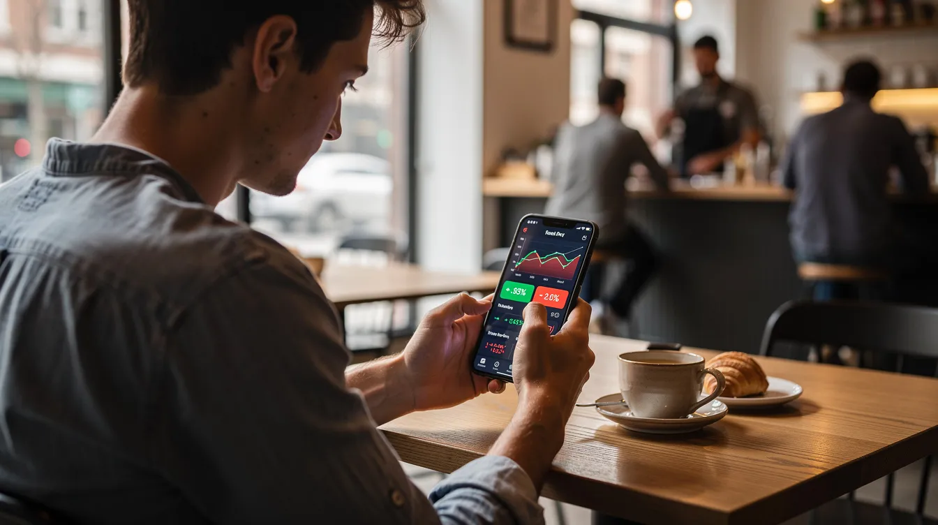 A person is sitting at a cafe, intently using their smartphone to check a financial app, likely reviewing details related to their loan products, such as terms and conditions, repayment period, and interest rates. The scene captures the modern approach to managing personal finances, contrasting with traditional banking methods.