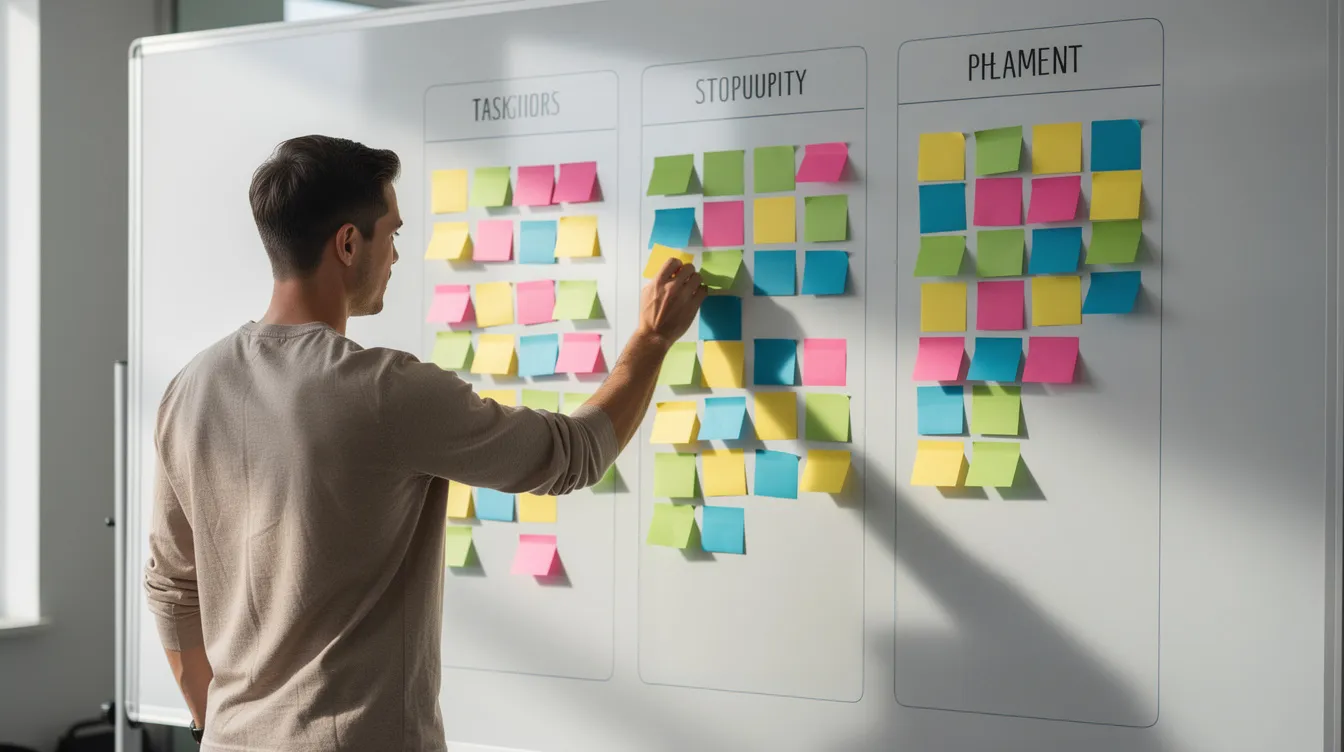 Een persoon sorteert taken op een whiteboard met behulp van gekleurde post-its, waarbij ze de taken indelen in de vier kwadranten van de Eisenhower matrix: urgent en belangrijk, belangrijk maar niet urgent, urgent maar niet belangrijk, en niet urgent en niet belangrijk. Deze visuele indeling helpt bij het prioriteren van taken op je to-do lijst.