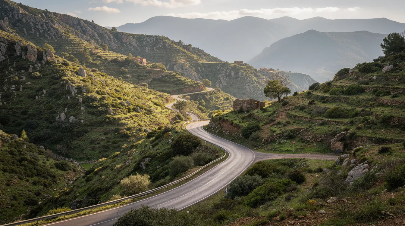 The image depicts a narrow, winding road snaking through the lush green Rif mountains in Morocco, with no vehicles in sight, creating a serene atmosphere perfect for a road trip. This picturesque landscape invites travelers to explore the natural beauty of the region, making it an ideal location for those considering car rental in Nador.