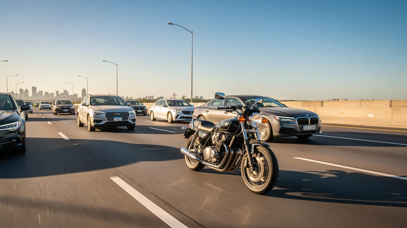 A motorcycle rider is navigating alongside passenger cars on a sunlit multi-lane highway, demonstrating the importance of motorcycle safety and awareness among other motorists. The image captures the dynamic of traffic, highlighting the need for drivers to double check their blind spots and safely share the road with motorcycles.