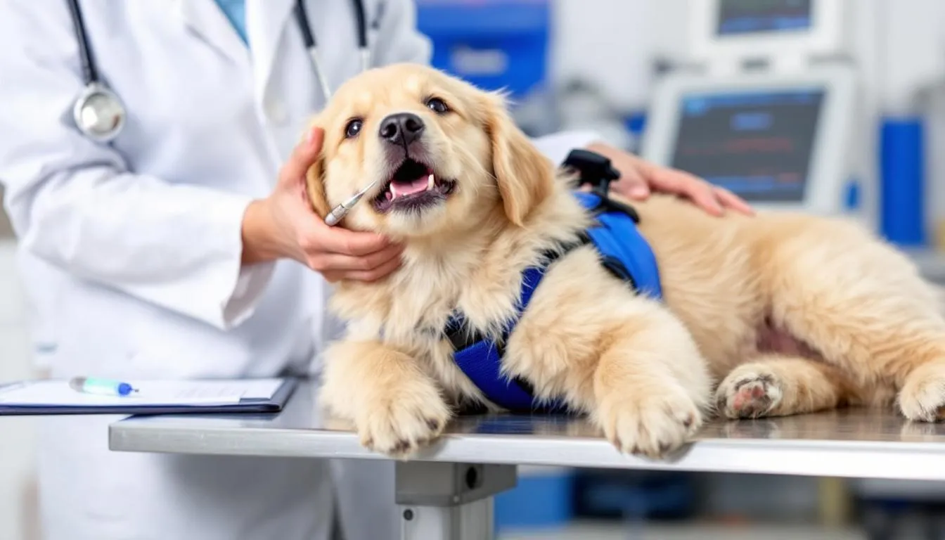 A young puppy is receiving dental care from a veterinarian, who is examining the dog