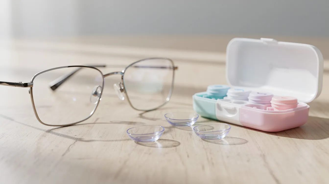 Een close-up afbeelding toont een bril en contactlenzen op een lichte tafel, naast een lenshouder. Deze visuele hulpmiddelen zijn essentieel voor mensen met myopie, zoals hoge bijziendheid, om scherp te kunnen zien en hun gezichtsvermogen te corrigeren.