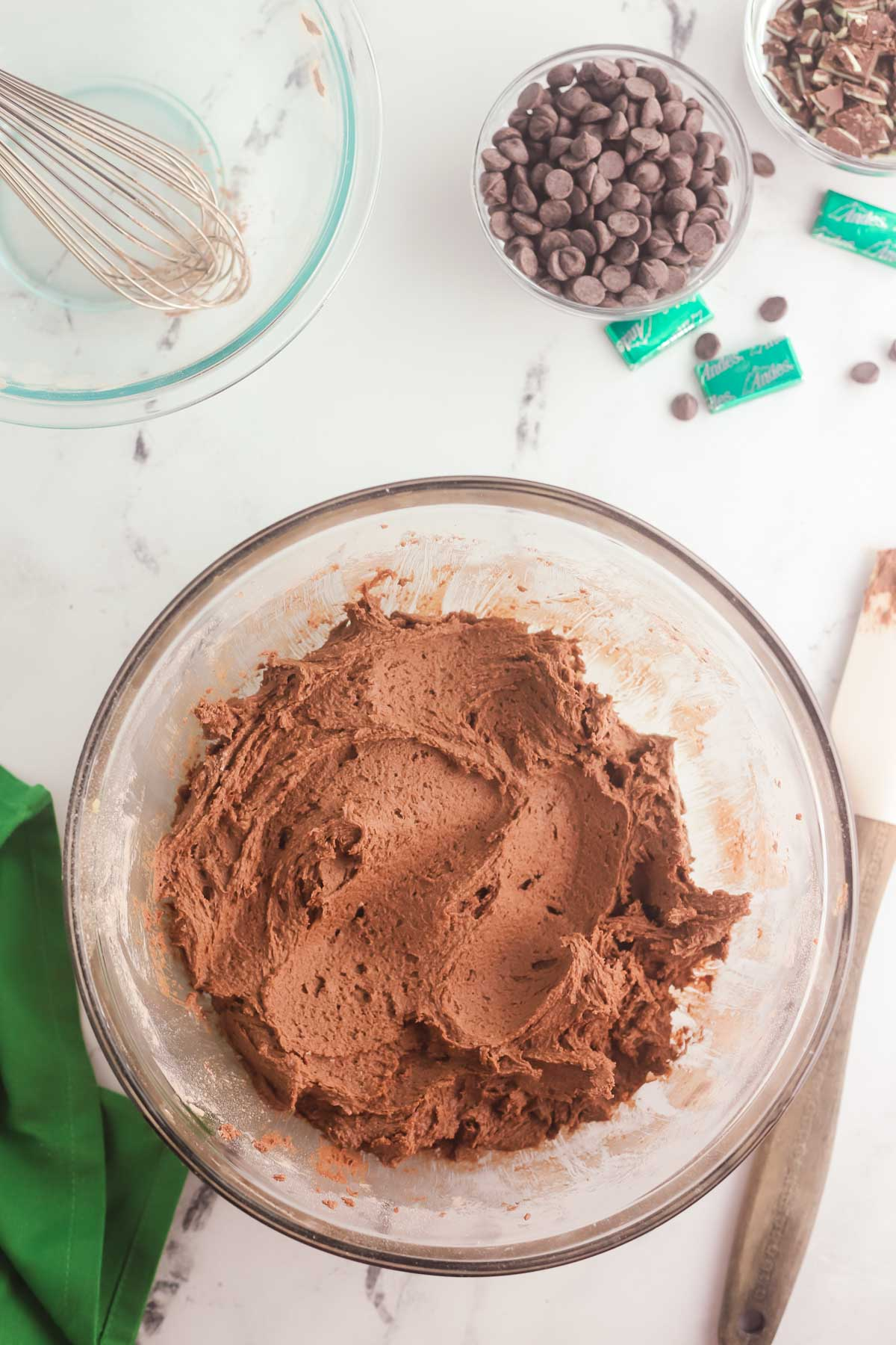 chocolate andes mint cookie dough in bowl