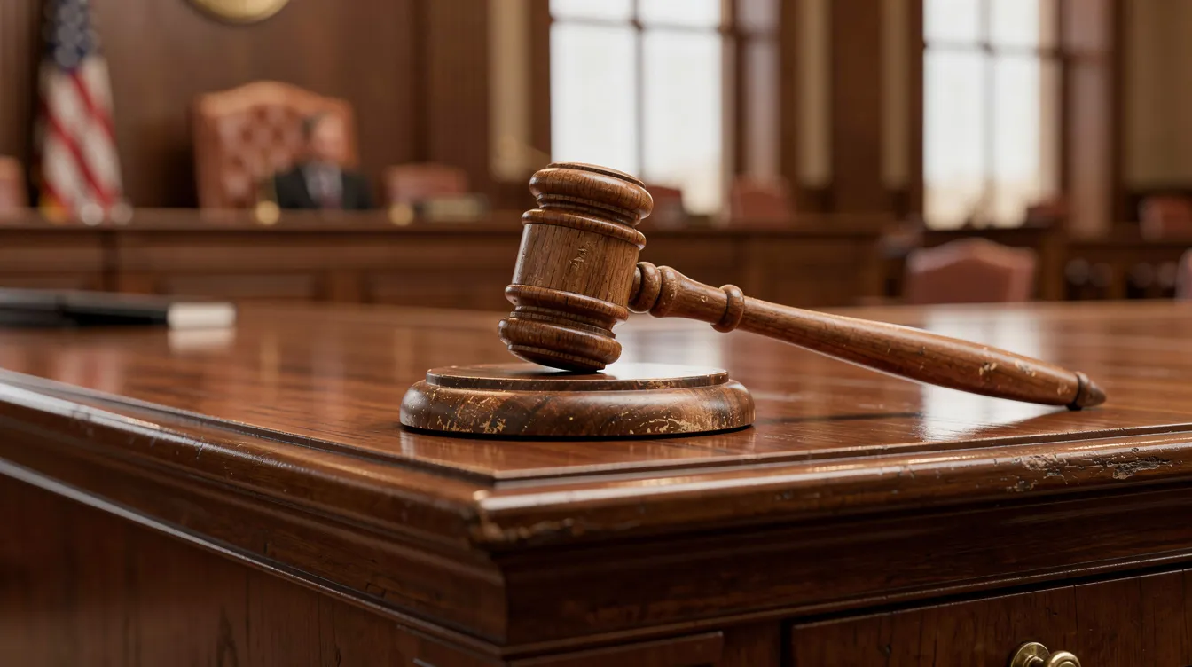 The image depicts a wooden gavel resting on a judge's bench in a courtroom, symbolizing the authority and legal obligation to uphold fiduciary duties. This setting reflects the serious nature of fiduciary duty litigation, where breaches of fiduciary relationships can lead to significant legal consequences.