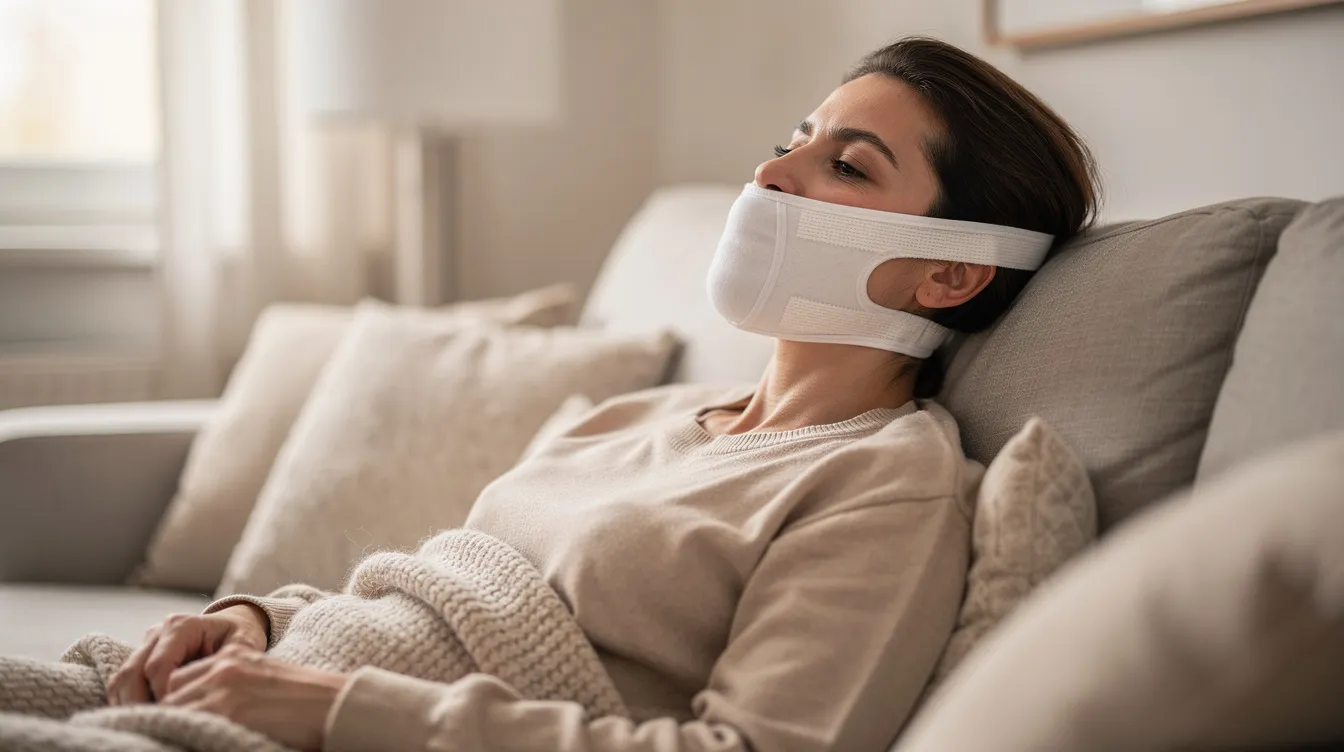 The image shows a person resting at home while wearing a white chin compression strap after a cosmetic procedure aimed at reducing excess fat beneath the chin, commonly referred to as submental fat. This non-surgical treatment, such as Kybella or chin liposuction, helps achieve a more contoured jawline with minimal downtime.