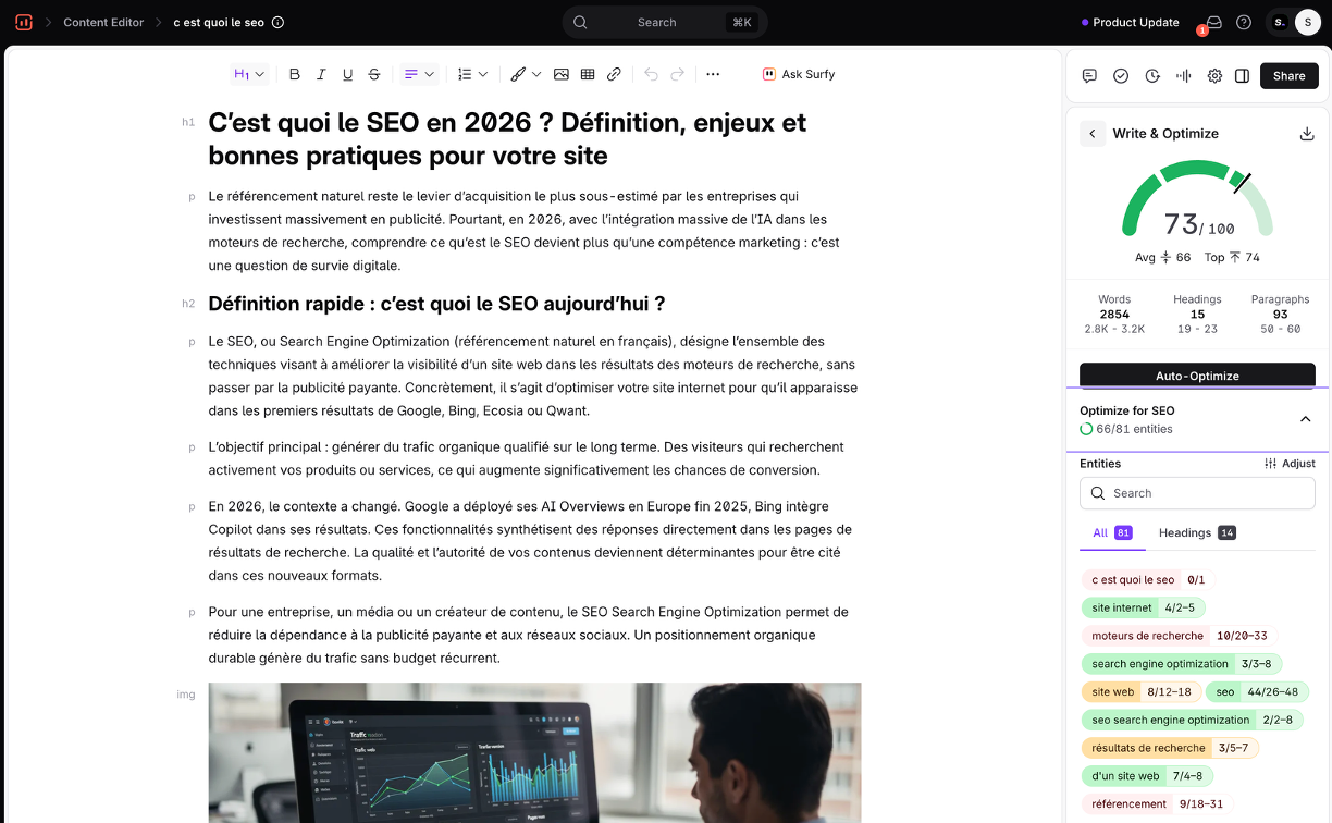 Tableau de bord Surfer SEO avec graphiques et métriques d'optimisation on-page.