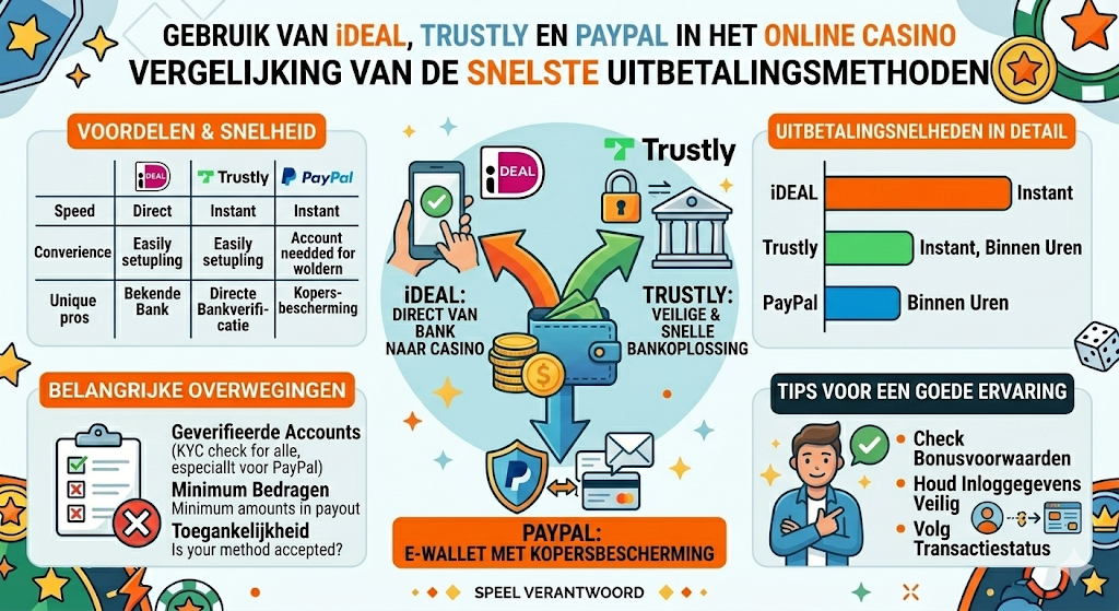 Infographic over snelle uitbetaling bij een online casino, met vergelijking van iDEAL, Trustly en PayPal als betaalmethoden voor instant uitbetaling, inclusief uitleg over direct uitbetalen bij online casino’s in Nederland en tips om een uitbetaling aan te vragen bij het snelst uitbetalende online casino.