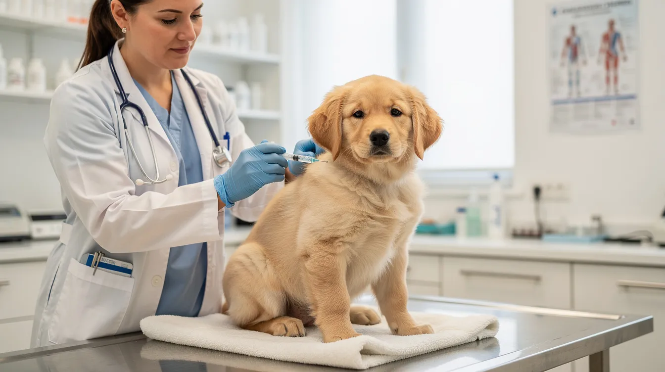 vet giving golden retriever puppy a vaccine
