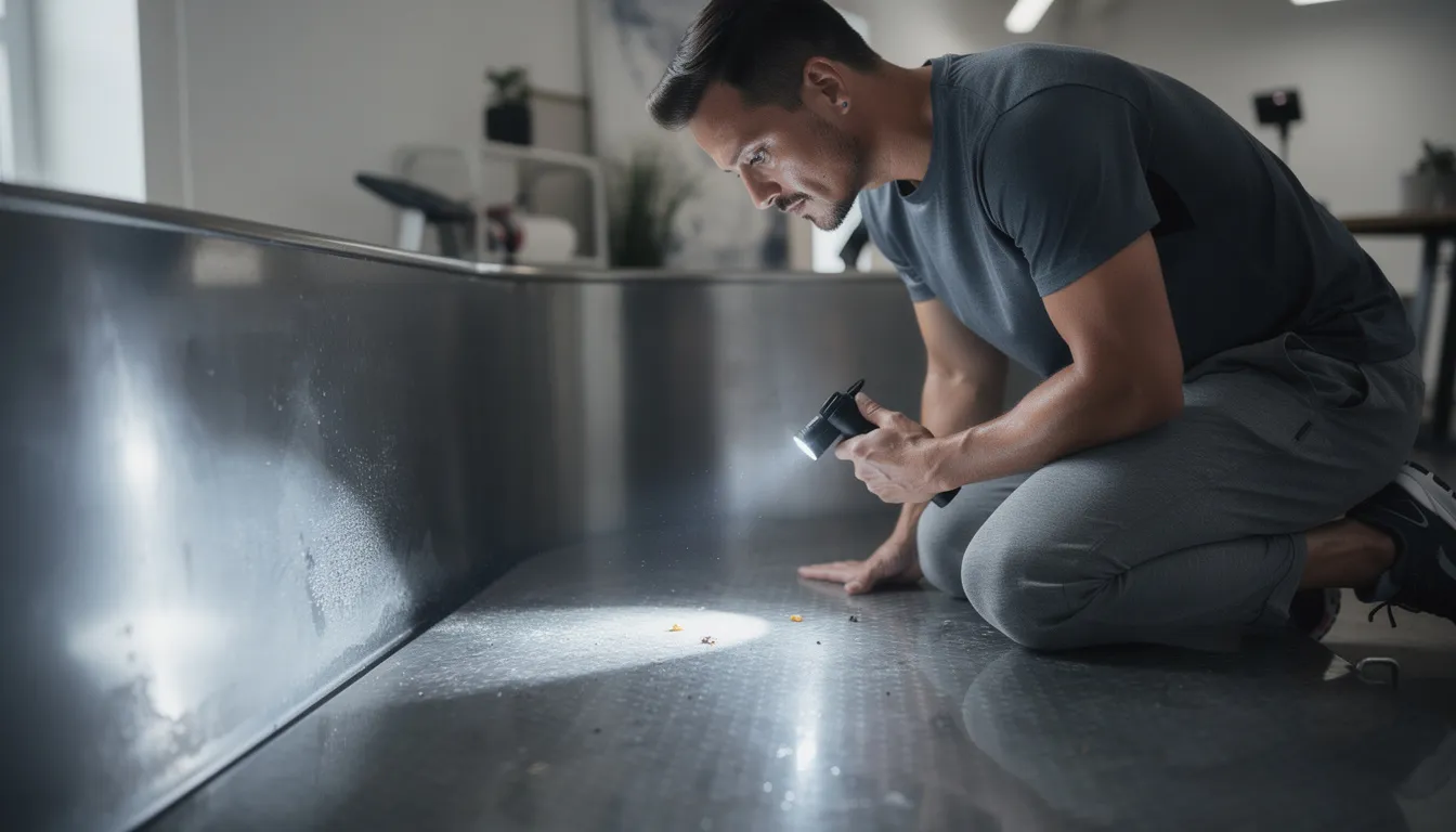 A person is crouched down, using a flashlight to closely inspect the bottom of a cold plunge tub for potential leaks or signs of wear. The scene highlights the importance of maintenance in cold water immersion systems, ensuring optimal performance and benefits for health and recovery.