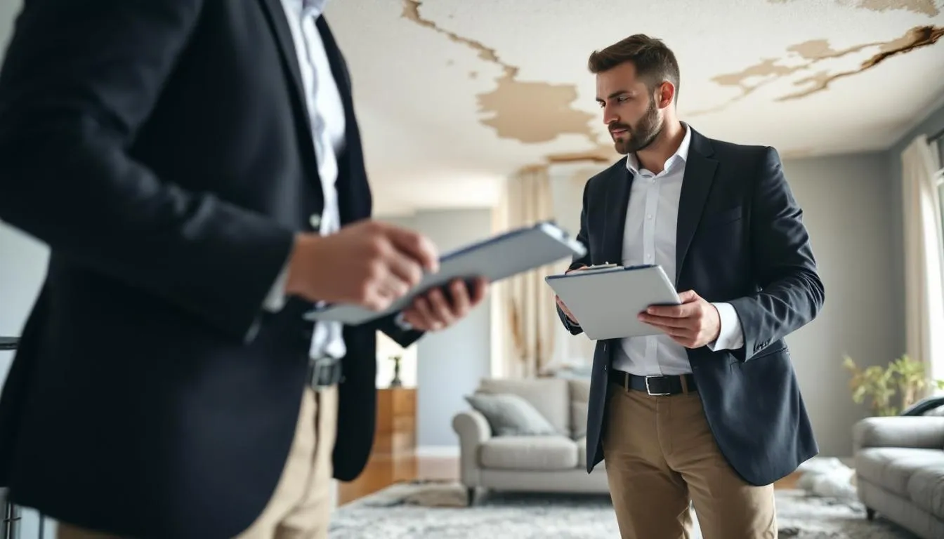 The Image Depicts An Insurance Adjuster Discussing Water Damage Claims With A Property Owner, Surrounded By Documentation Related To The Insurance Claims Process. They Are Reviewing The Affected Area For Visible Damage And Assessing The Necessary Repairs To Ensure Fair Compensation Under The Homeowners Insurance Policy.