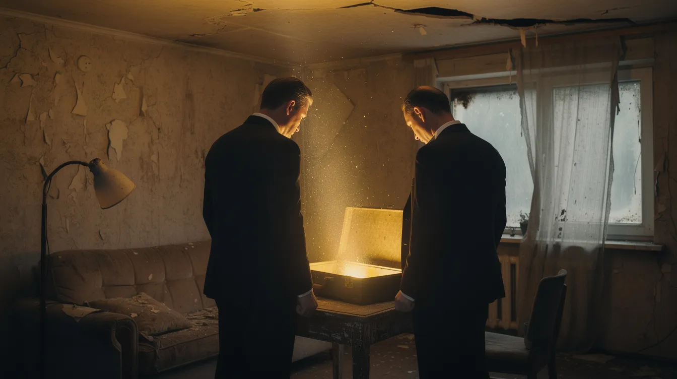 Zwei Männer in eleganten schwarzen Anzügen und weißen Hemden stehen in einem heruntergekommenen Apartment und blicken fasziniert auf einen geöffneten Koffer, aus dem goldenes Licht strahlt, was an die Spannung und Geheimnisse in Filmen wie "Pulp Fiction" erinnert. Dieses Bild evoziert die Bedeutung von Objekten in der Filmgeschichte, ähnlich einem MacGuffin, der oft als zentraler Handlungsträger dient.