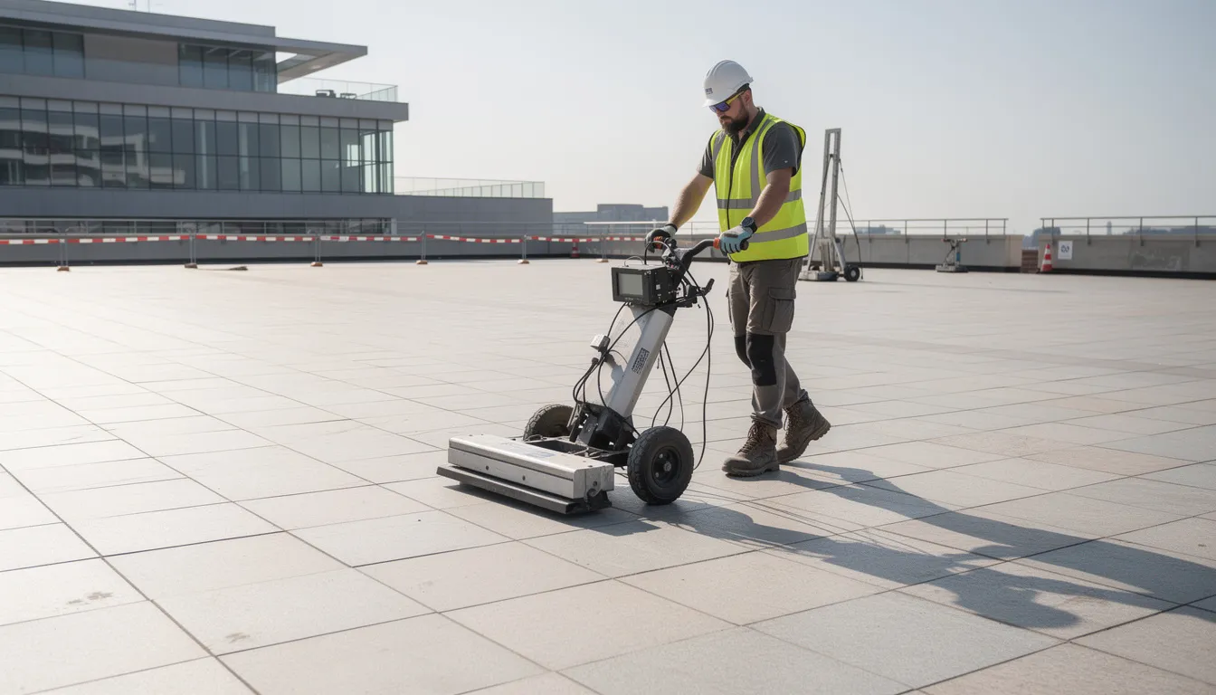 A technician is operating ground-penetrating radar equipment on a tiled outdoor terrace to locate underground pipes, including metal and plastic pipes.