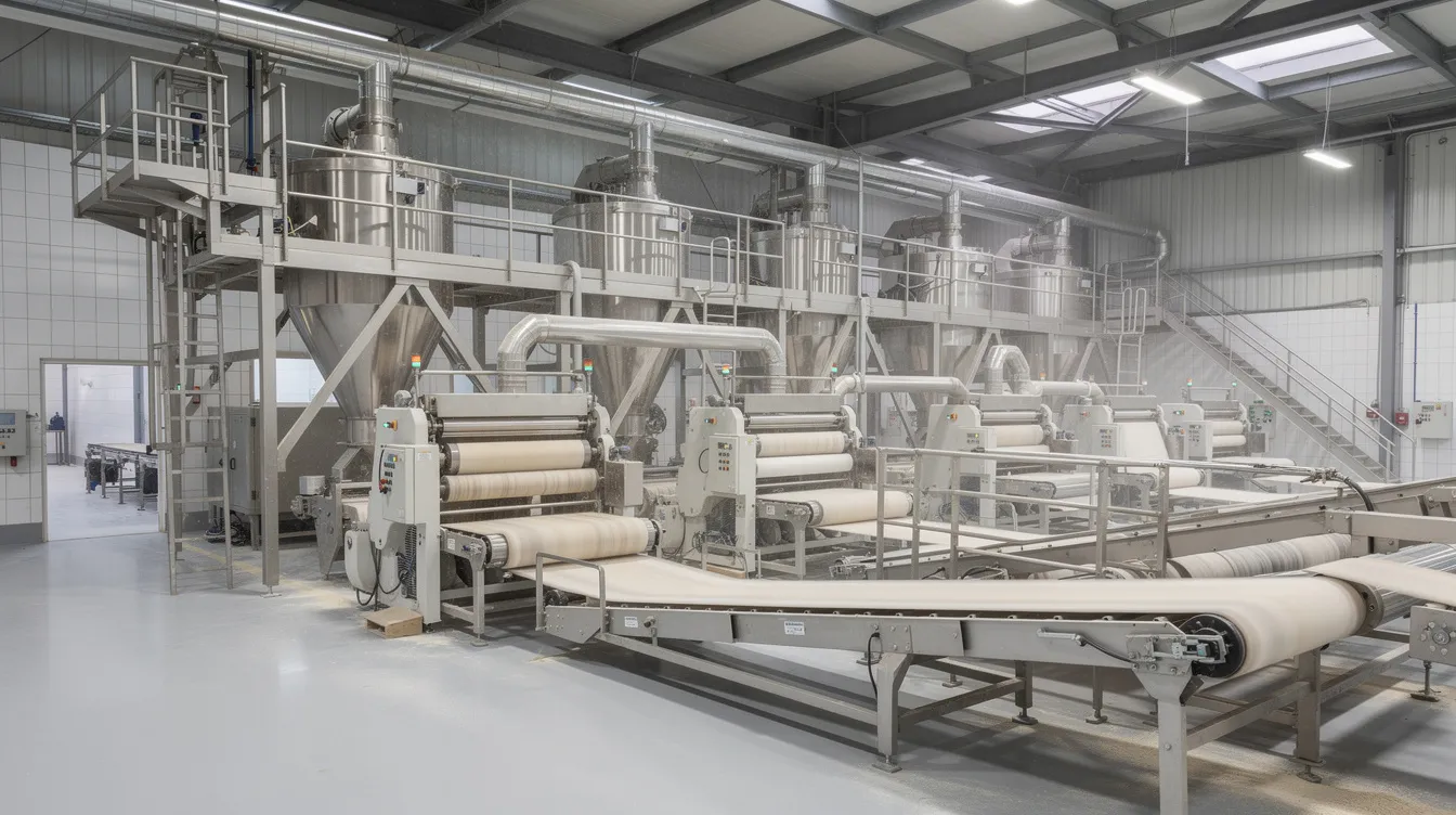 53507223 69c7 46be b161 496275c2e271 The image depicts industrial flour milling machinery inside a processing factory, featuring conveyor systems that transport raw materials through the manufacturing process. This setup is essential for producing wheat flour in a flour mill, highlighting the efficiency and complexity of an atta chakki plant.