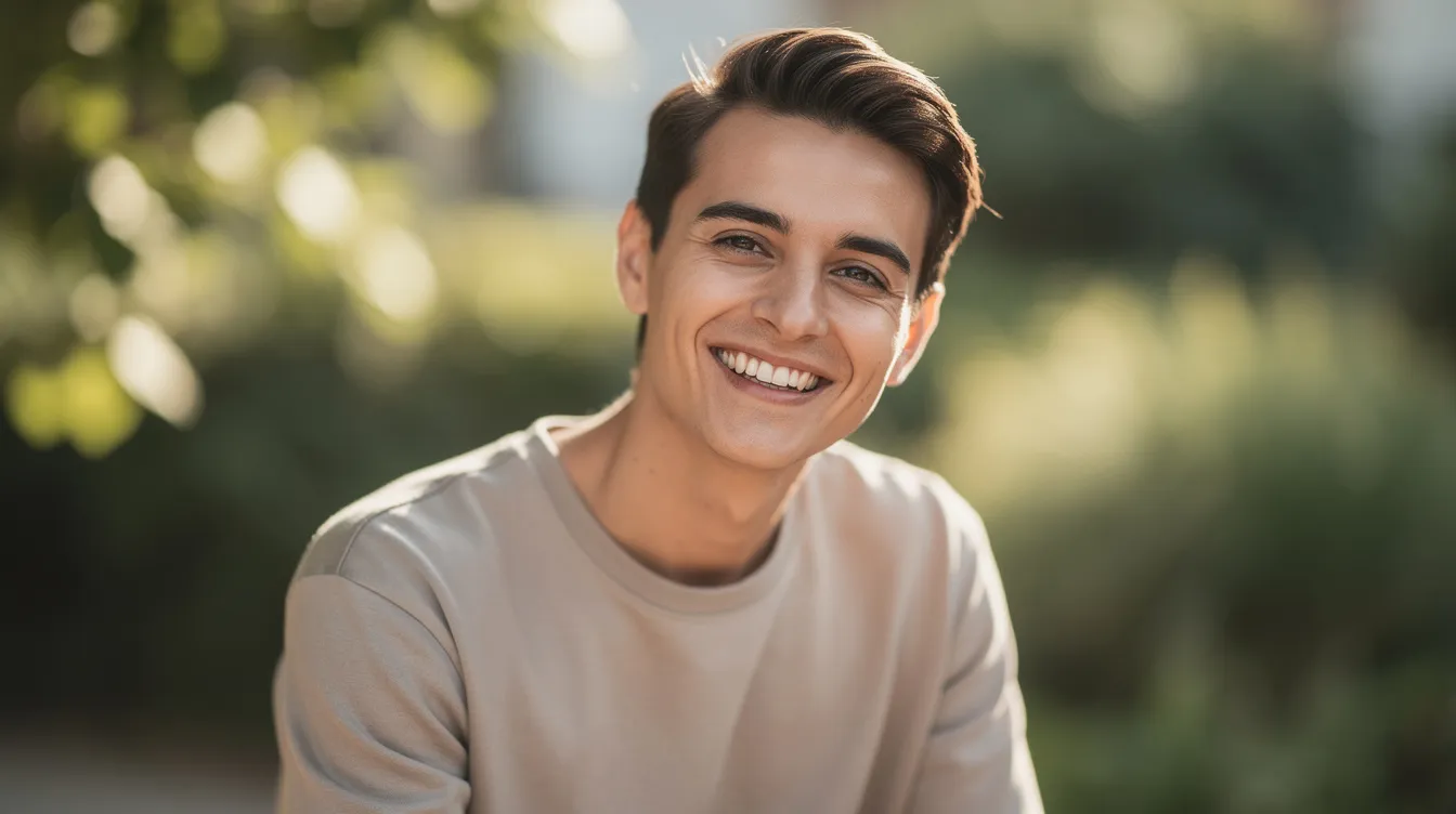 A person is smiling confidently outdoors in natural light, showcasing a balanced smile with an ideal gum to tooth ratio. The bright setting highlights their beautiful smile, reflecting a sense of self-assurance and oral health.
