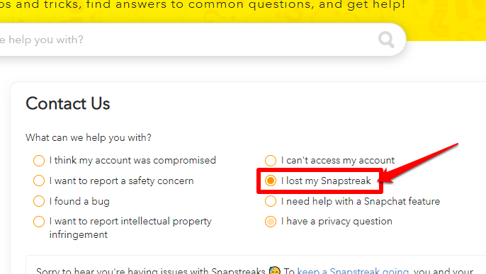 Picture showing the i lost my snapstreak on the snapchat support page
