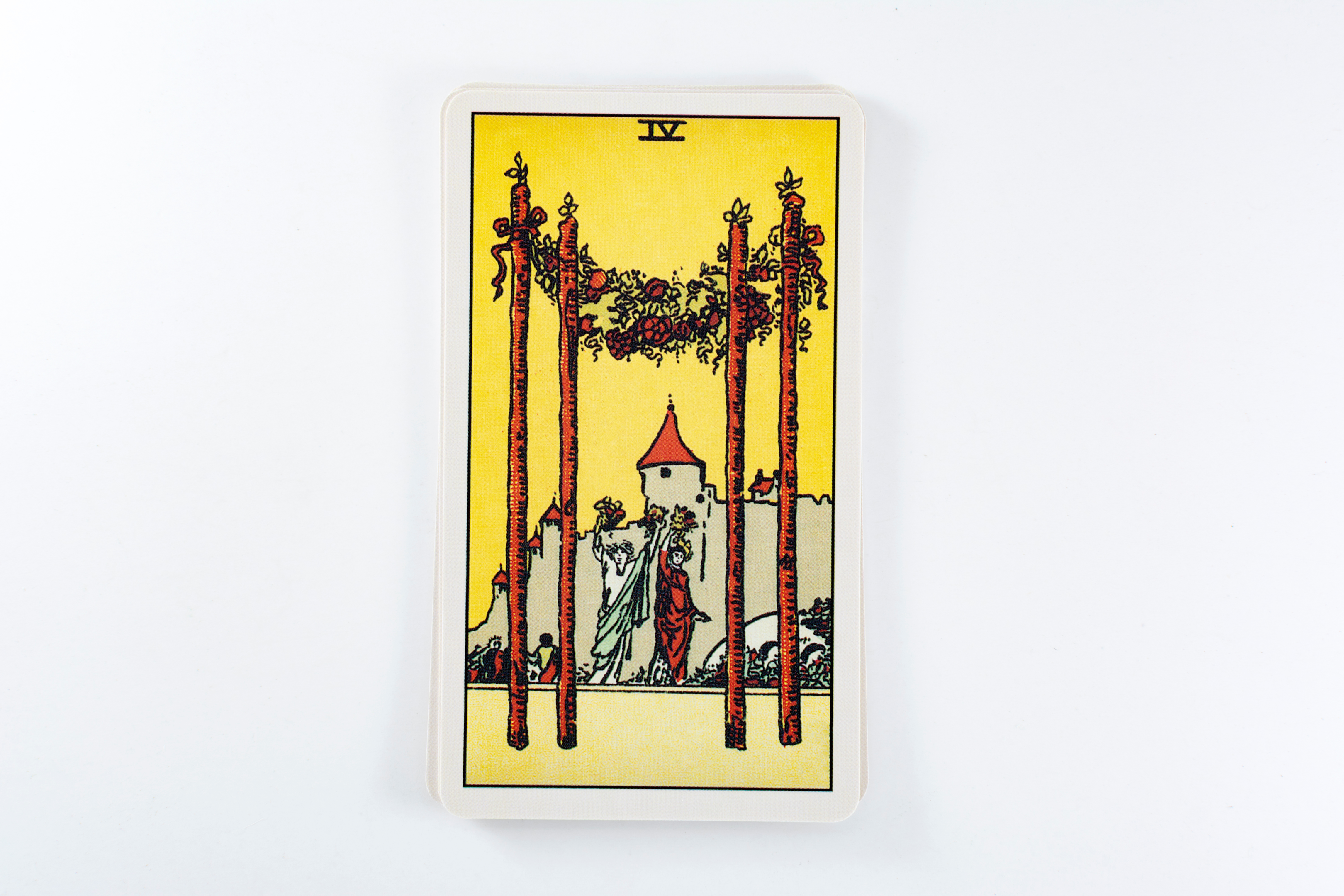 four of wands, two women celebrating with flowers, yellow background