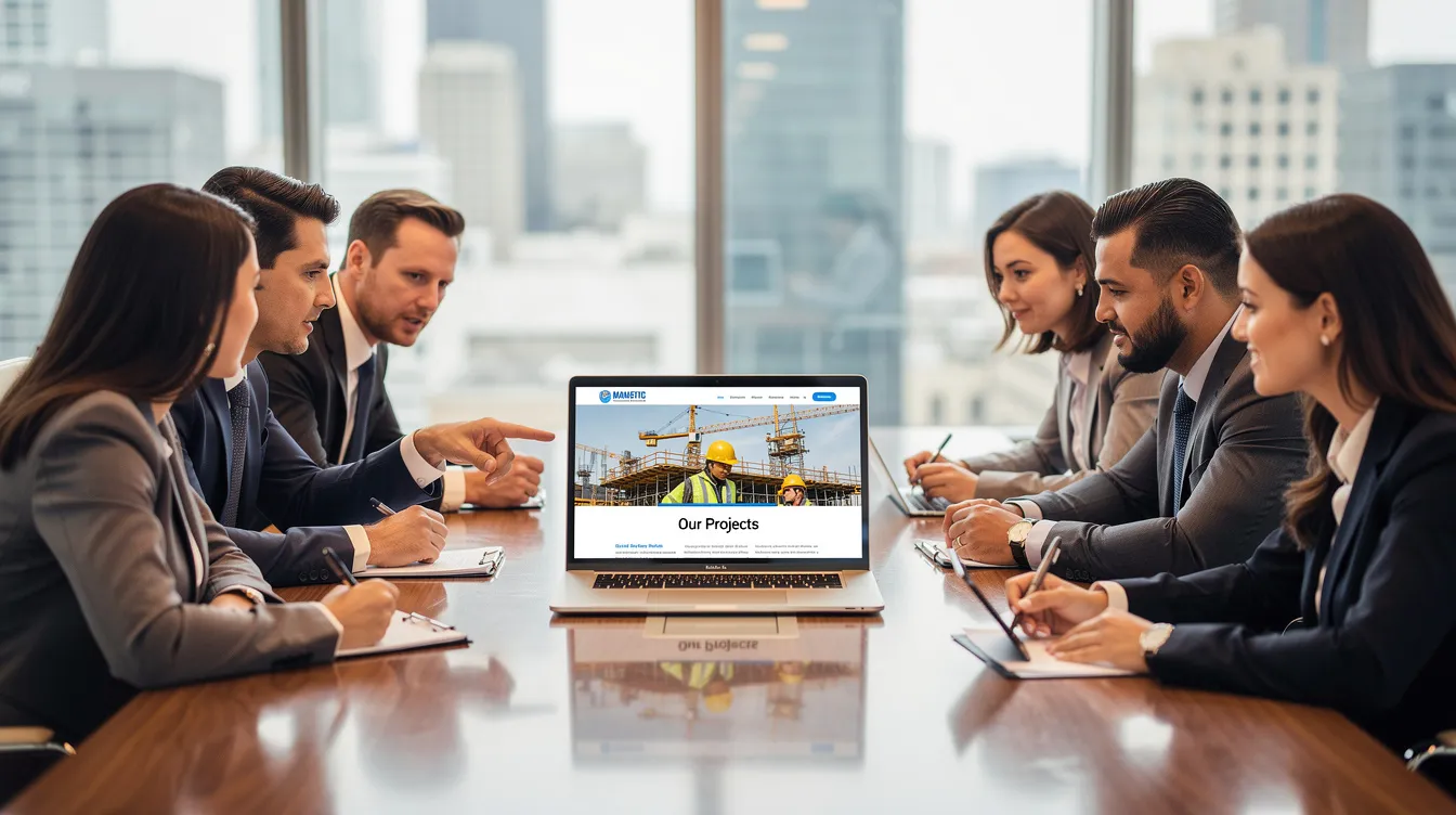 A group of business professionals is gathered in a modern conference room, intently reviewing a construction company website on a laptop. They are discussing effective marketing strategies and digital marketing services aimed at attracting potential clients within the construction industry.