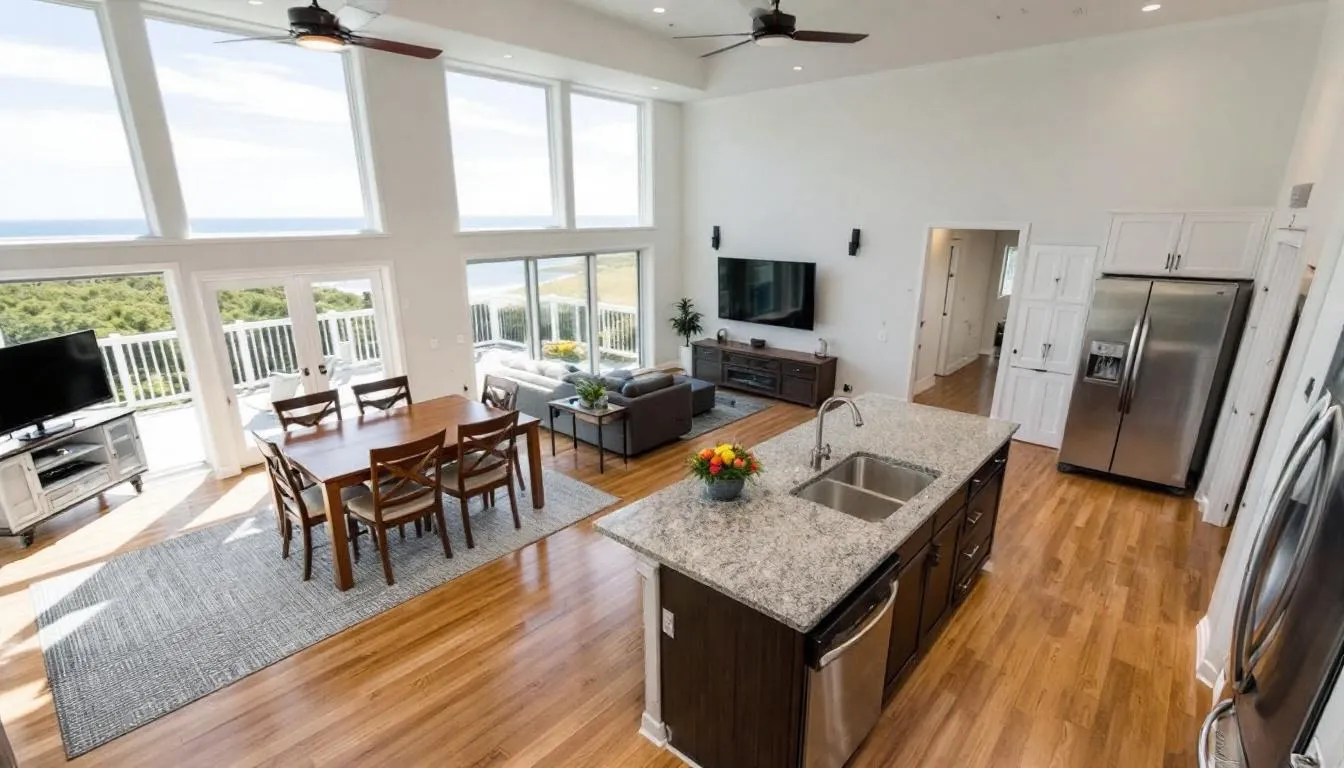 This image depicts a spacious family vacation rental in Sea Isle City, featuring multiple bedrooms and stunning ocean views. The property is designed for comfort and relaxation, making it an ideal choice for families looking to enjoy a beach getaway in New Jersey.