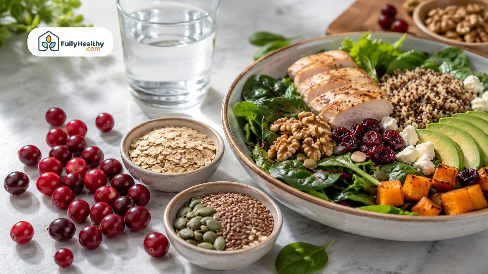 Balanced bowl with chicken, quinoa, greens, avocado, cranberries, oats, and seeds