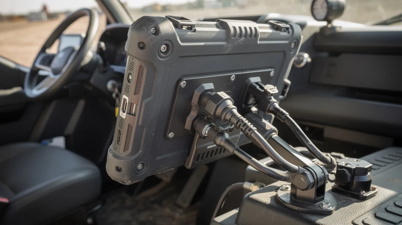 The image shows a rugged tablet computer securely mounted in a vehicle cab, featuring reinforced housing and sealed connectors, designed to enhance fleet safety and monitor driver behavior. This device is integral to a driver alert system, helping to improve workplace safety and minimize distracted driving incidents.
