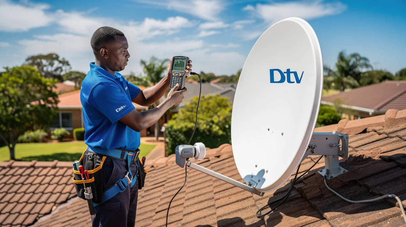 A DStv technician is carefully aligning a satellite dish on a residential rooftop using a signal meter to ensure optimal reception for various DStv packages. The technician, representing accredited DStv installers, showcases professional service as they work on the installation to provide customers with high-quality entertainment options.