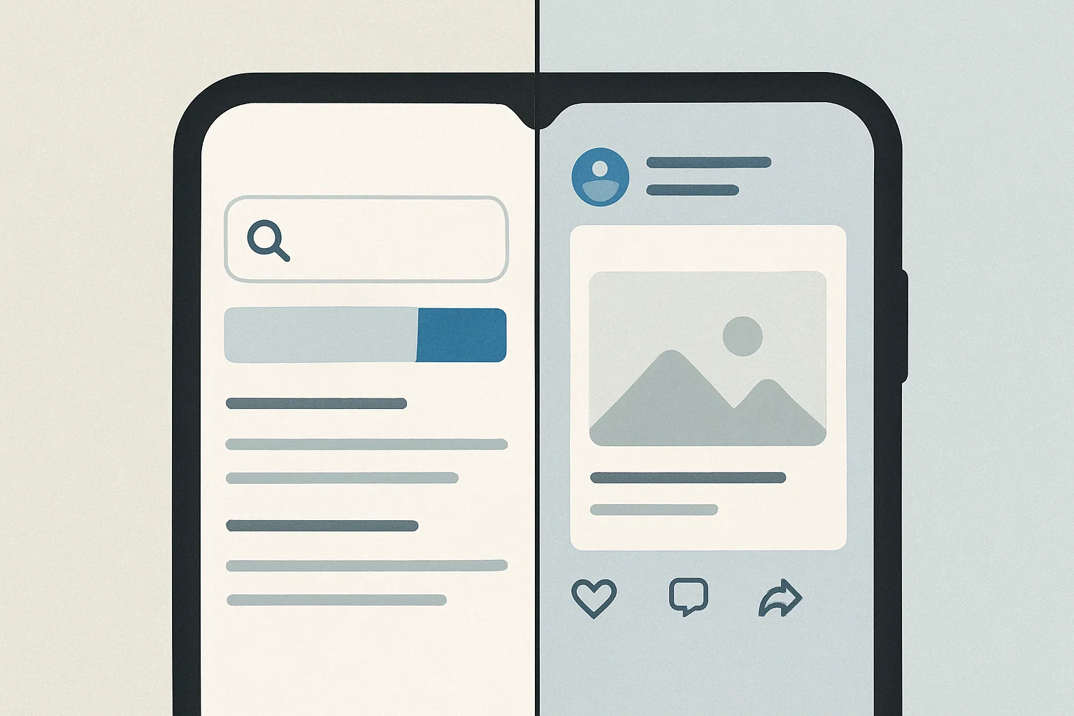 Split-screen illustration showing one half of a search engine and the other half of a social media feed, both on a phone