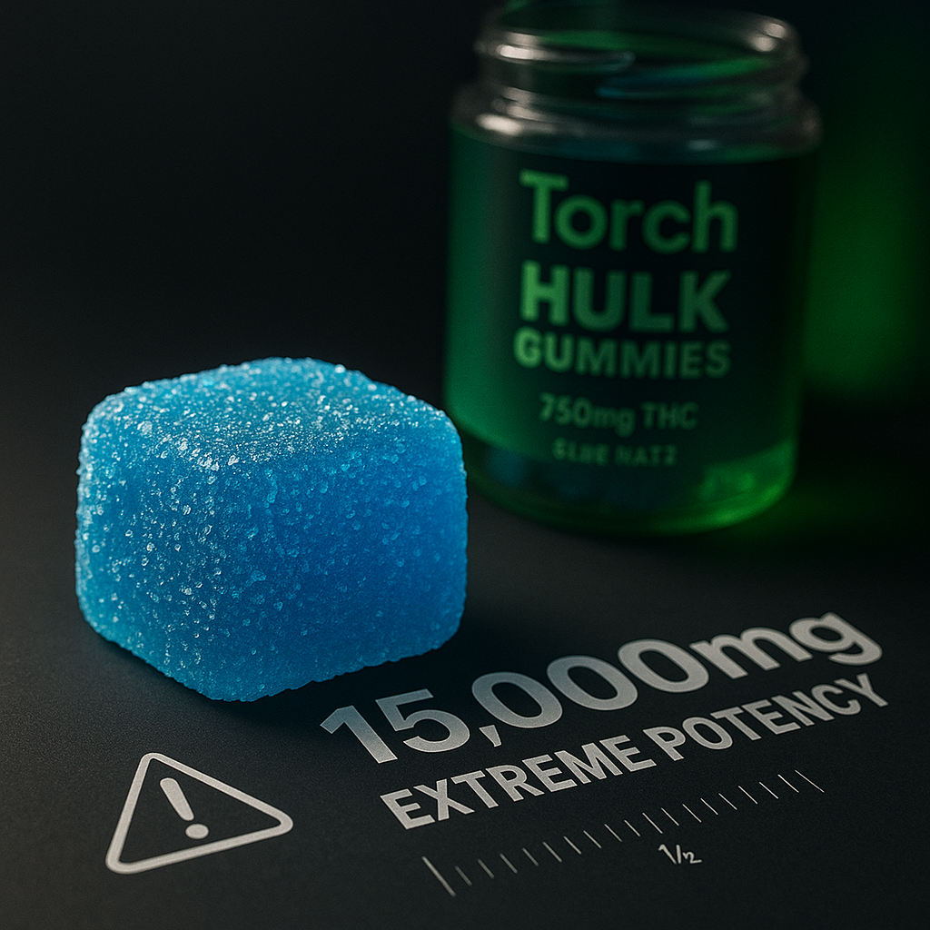 Close-up of a vibrant blue Torch Hulk Gummy labeled 750mg THC, sitting on a dark surface next to bold text reading “15,000mg – Extreme Potency” with a caution symbol and measurement scale. A half-open glowing green jar is visible in the background.