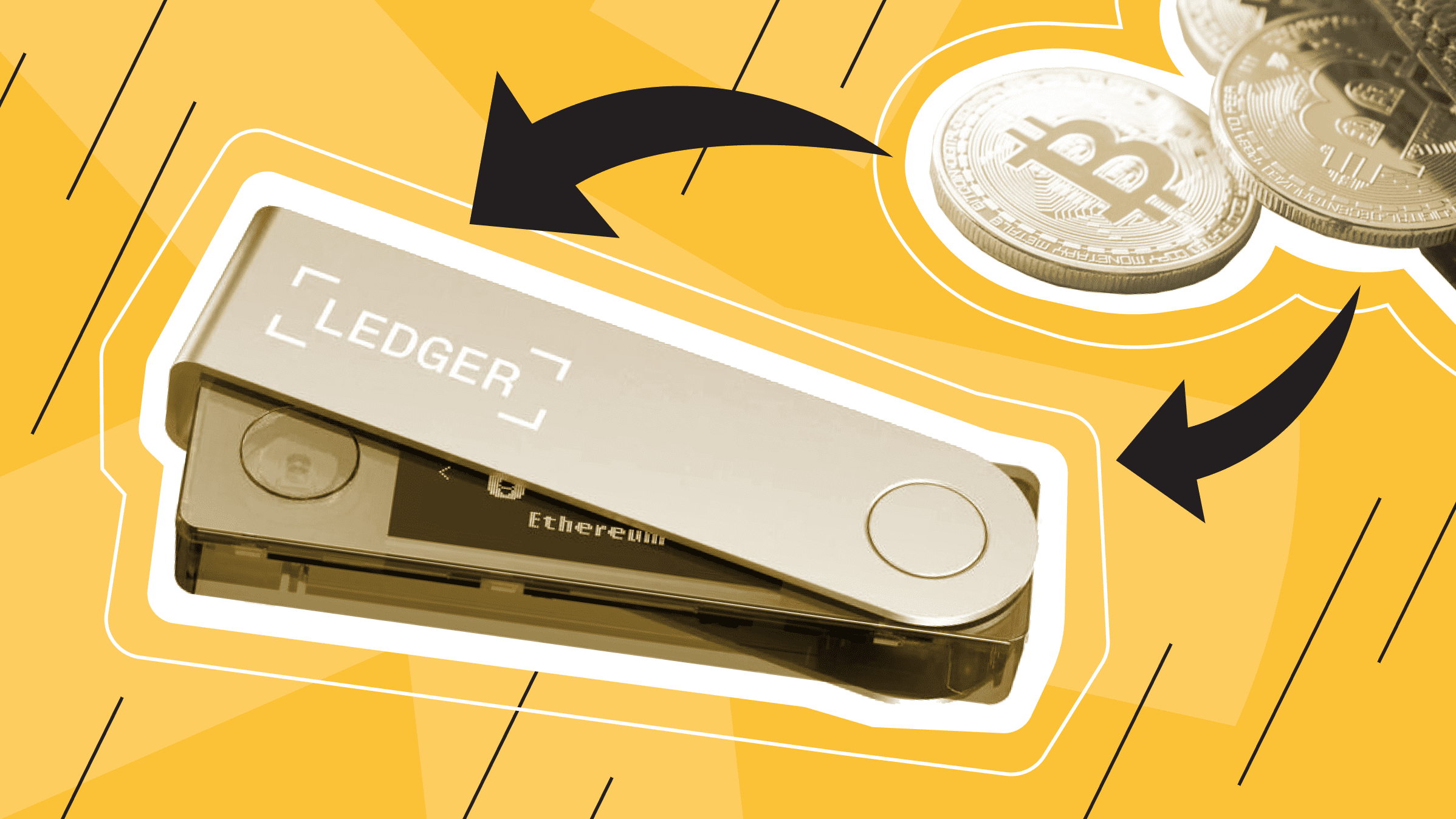 محفظة Ledger Nano X الباردة بجانها عملات البيتكوين