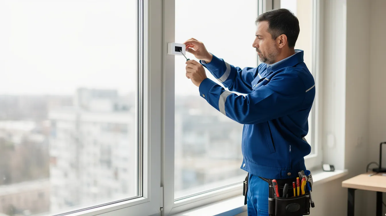 Ein Techniker in Arbeitskleidung installiert sorgfältig einen Sensor an einem Fensterrahmen, um ein effektives Alarmsystem für mehr Sicherheit im Haus zu gewährleisten. Diese Maßnahme ist Teil der modernen Sicherheitstechnik, die Einbrechern das Eindringen erschwert.