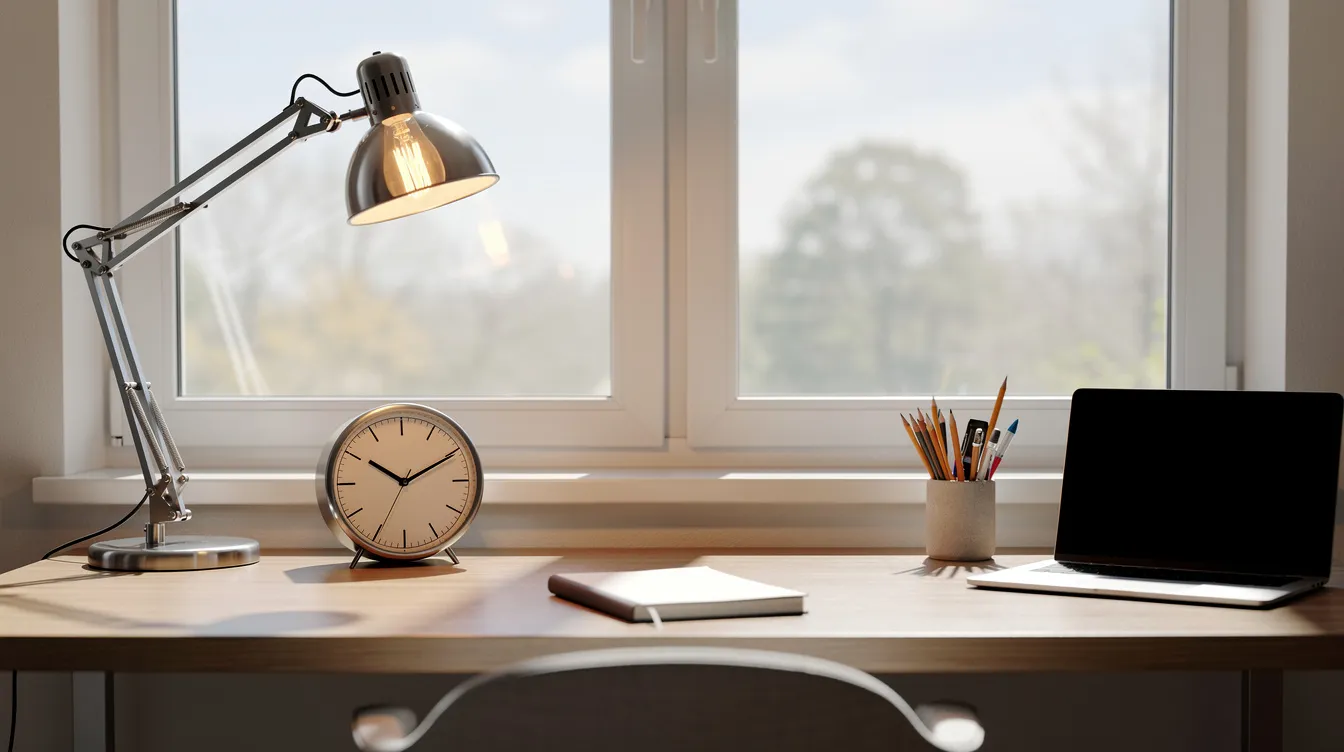 A neat study desk is positioned near a window, featuring a lamp, a clock, and a pencil holder, creating an organized space ideal for developing planning and organization skills in students. This setup encourages focus and supports effective time management for completing homework and larger tasks.