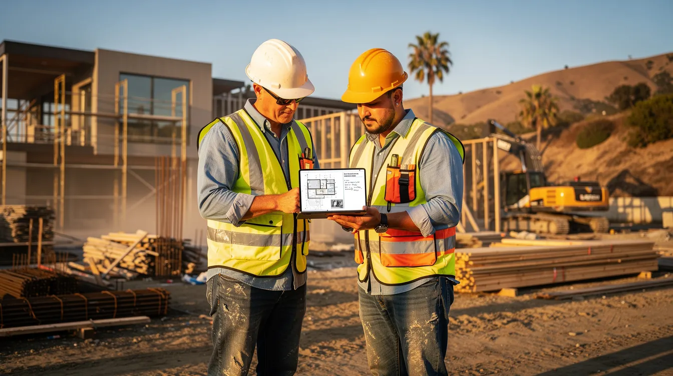 A group of construction workers is gathered at a Southern California building site, intently reviewing project documents on a tablet. They are focused on ensuring compliance with labor regulations and discussing aspects such as bid documents and certified payrolls, highlighting the importance of using AI tools for efficient project management and compliance.