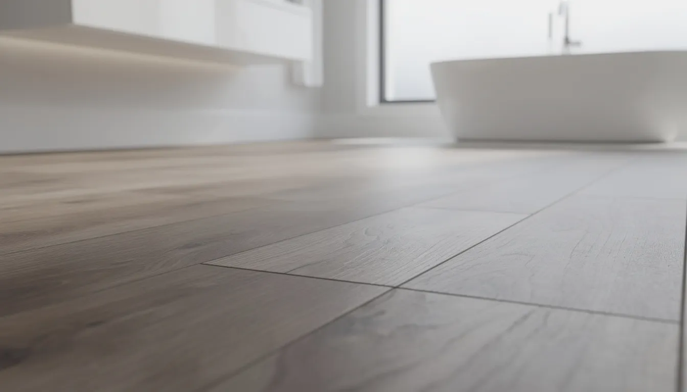 The image features a close-up view of modern vinyl plank flooring in a stylish bathroom setting, showcasing the sleek design and quality materials that contribute to a well-planned bathroom renovation. This flooring choice is both cost-effective and practical, making it an excellent option for homeowners looking to enhance their bathroom space.