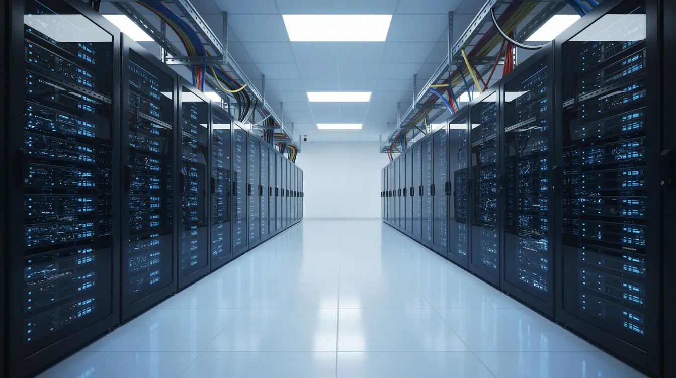 The image depicts a modern server room filled with rows of server racks, all illuminated by cool blue LED lighting, showcasing a high-tech environment ideal for hosting providers. This setup emphasizes the efficiency and performance of virtual private server (VPS) hosting, with a focus on dedicated resources and cutting-edge technology.