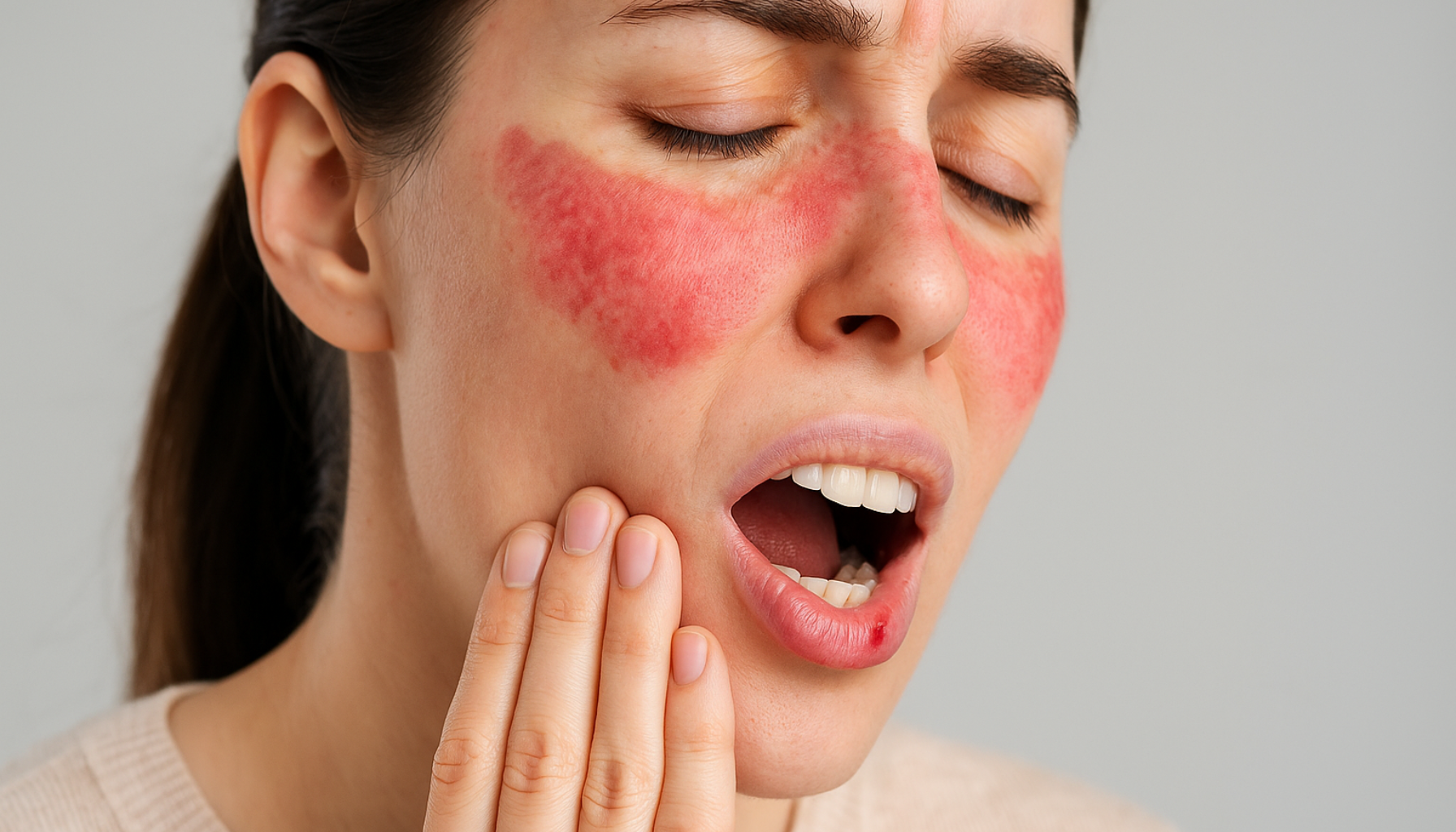 Kvinne med sommerfuglutslett på kinn og sår i munnen, viser lupus som påvirker munnslimhinnen.