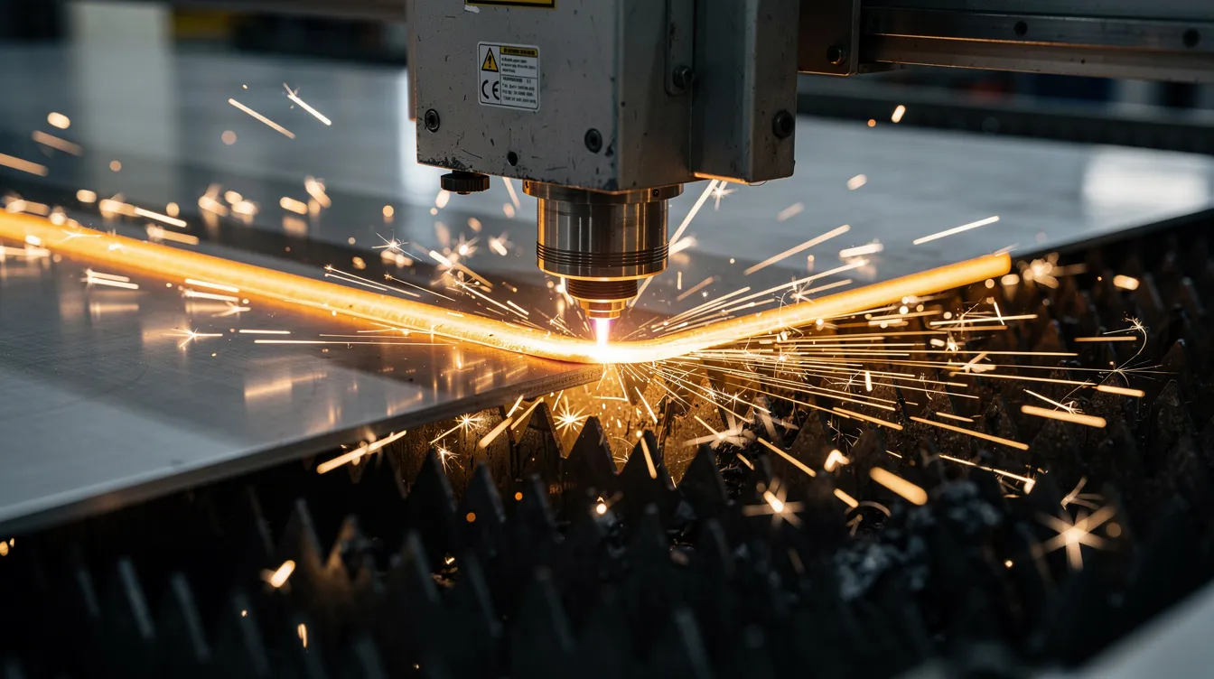 A close-up view of a fiber laser cutting machine is shown slicing through a stainless steel sheet, with bright sparks flying from the cutting edge. This image highlights the precision sheet metal fabrication process, showcasing the advanced technology used in metal fabrication services.