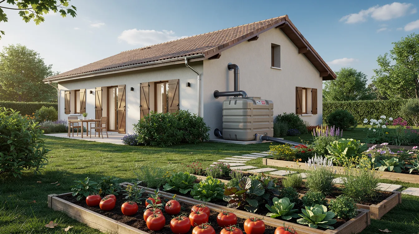 Une maison individuelle française avec des gouttières connectées à un système de récupération d'eau de pluie, entourée d'un jardin verdoyant comprenant un potager. Le récupérateur d'eau de pluie est visible, illustrant une solution pratique pour optimiser l'utilisation de l'eau dans le jardin.